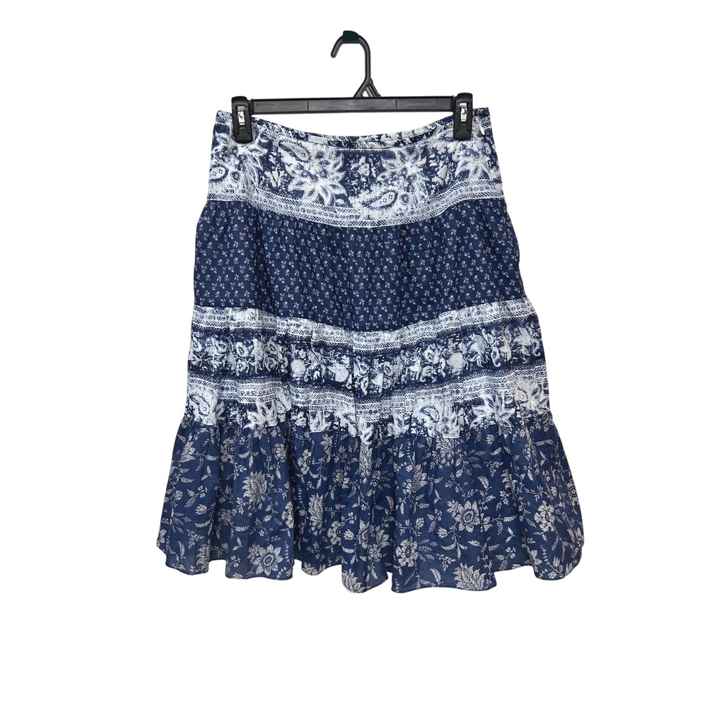 American Living Blue White Floral Tiered Cotton Skirt Mixed Print Cottage Medium